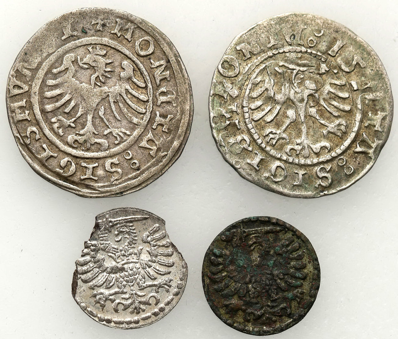 Zygmunt III Waza. Drobne srebrne monety Denary gdańskie i półgrosze koronne  - zestaw 4 monet